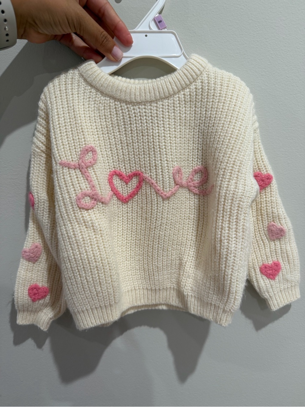 Cream Knit Kids Sweater with Pink 'Love' Script and Heart Accents